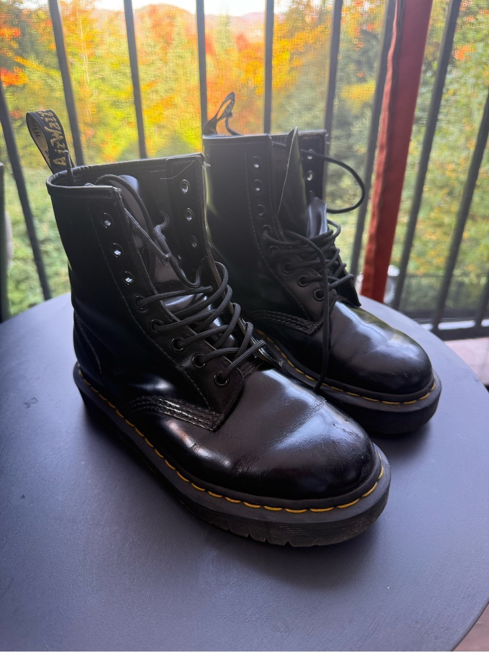 Dr. Martens Black Leather Lace-Up Boots with Yellow Stitching